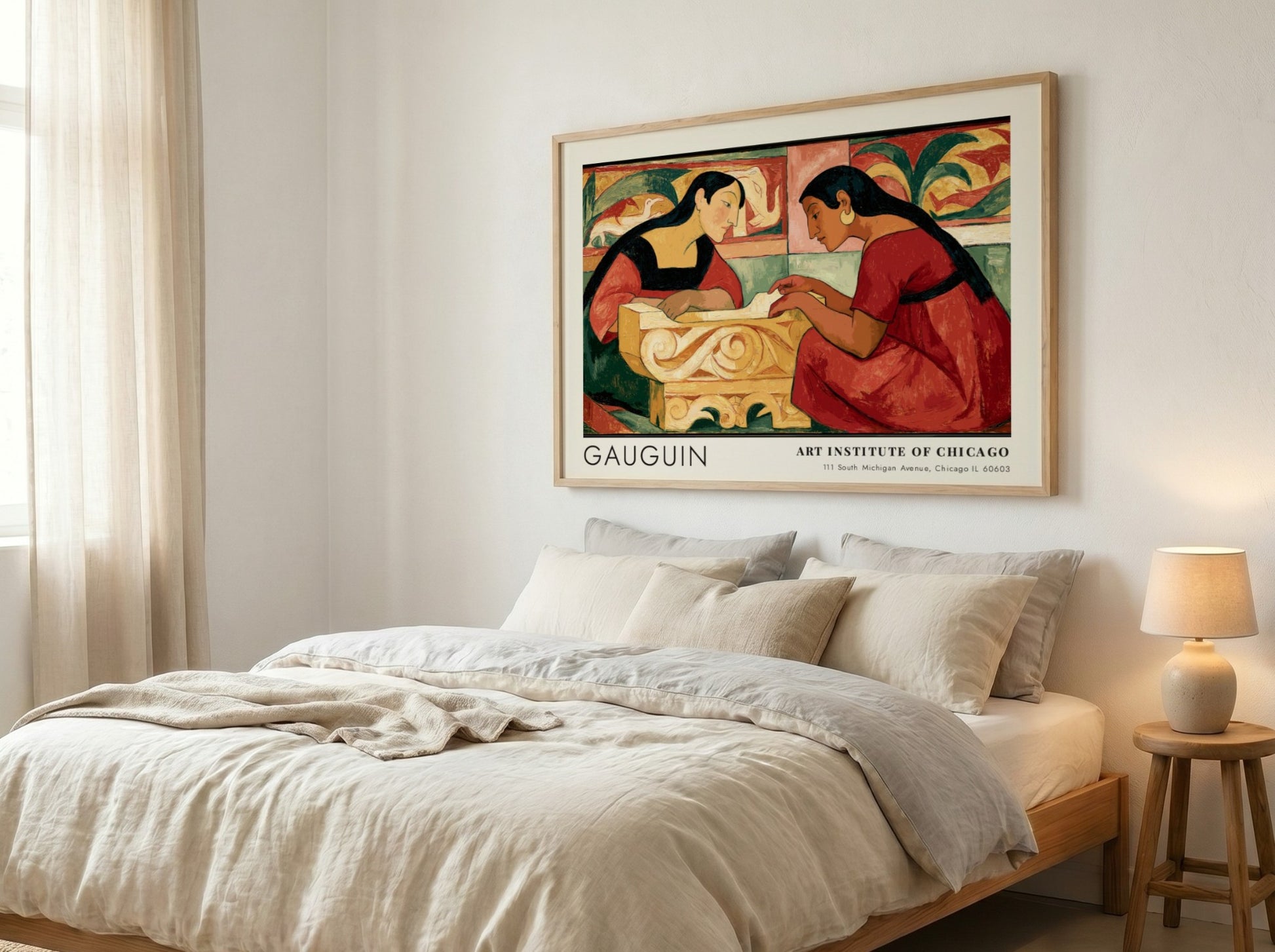 Wall art poster featuring Gauguin's Te Rerioa with two women in warm earthy tones.