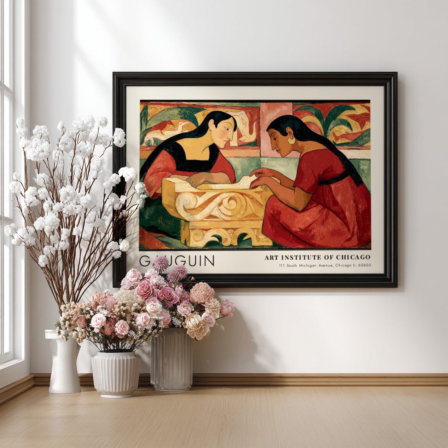 Wall art poster featuring Gauguin's Te Rerioa with two women in warm earthy tones.