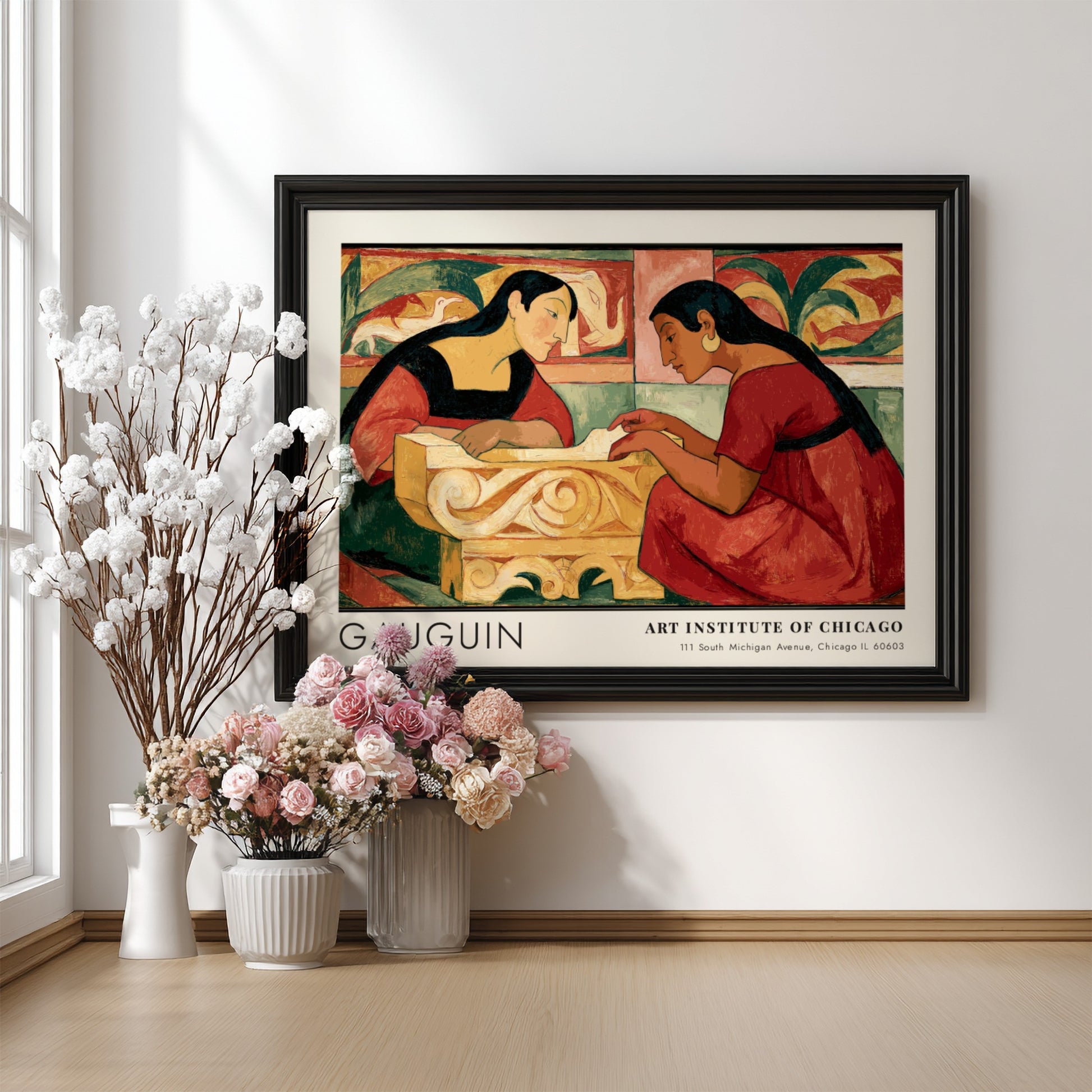 Wall art poster featuring Gauguin's Te Rerioa with two women in warm earthy tones.