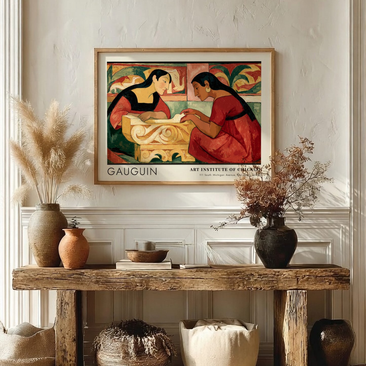 Wall art poster featuring Gauguin's Te Rerioa with two women in warm earthy tones.