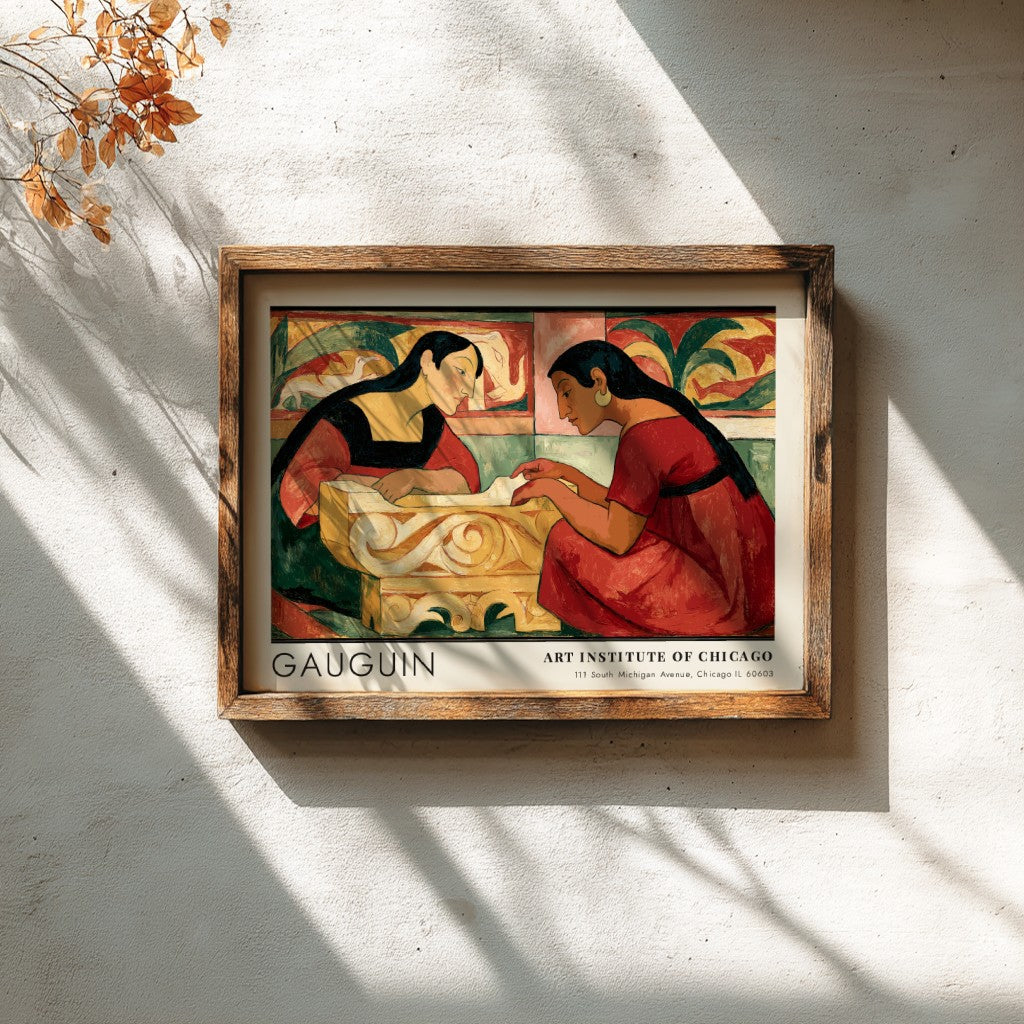 Wall art poster featuring Gauguin's Te Rerioa with two women in warm earthy tones.