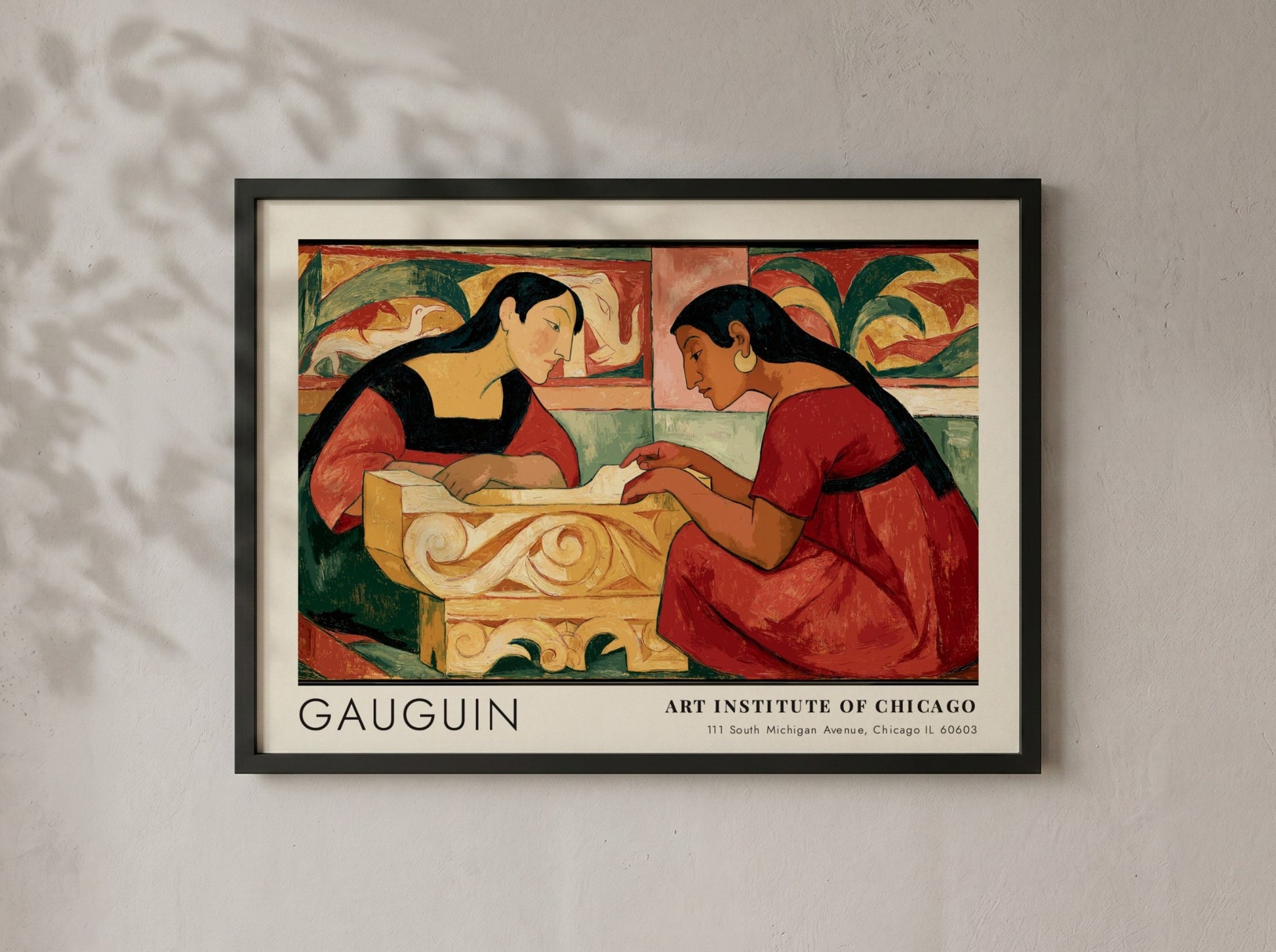 Wall art poster featuring Gauguin's Te Rerioa with two women in warm earthy tones.