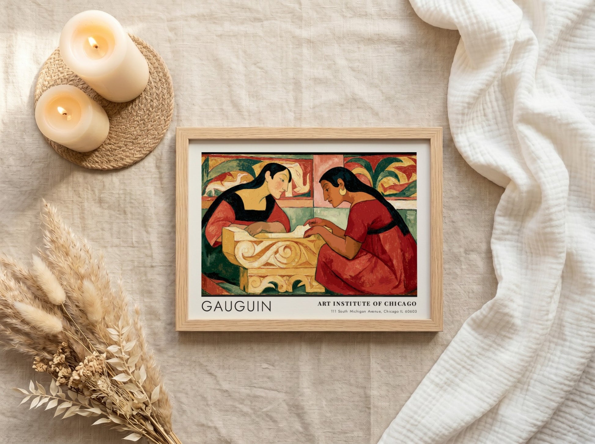 Wall art poster featuring Gauguin's Te Rerioa with two women in warm earthy tones.