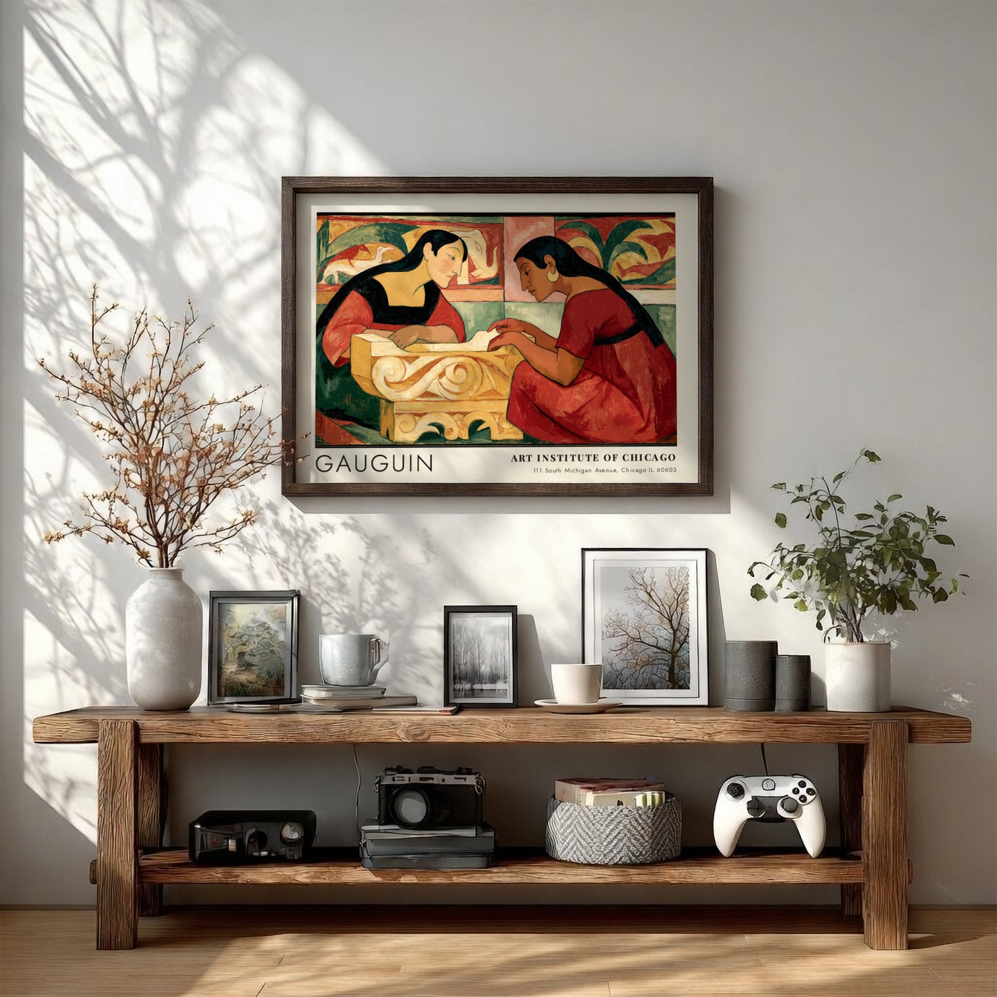 Wall art poster featuring Gauguin's Te Rerioa with two women in warm earthy tones.