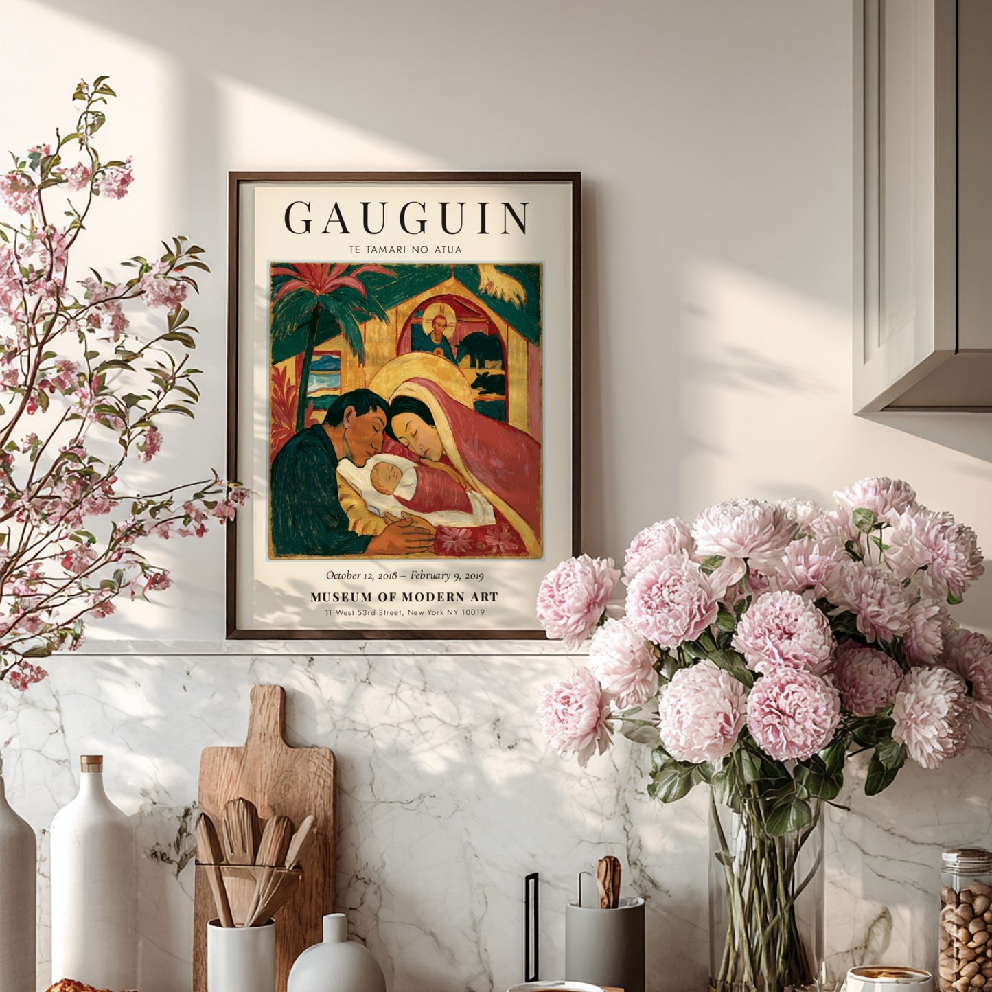 Gauguin exhibition poster featuring Te Tamari No Atua with warm colors and expressive figures