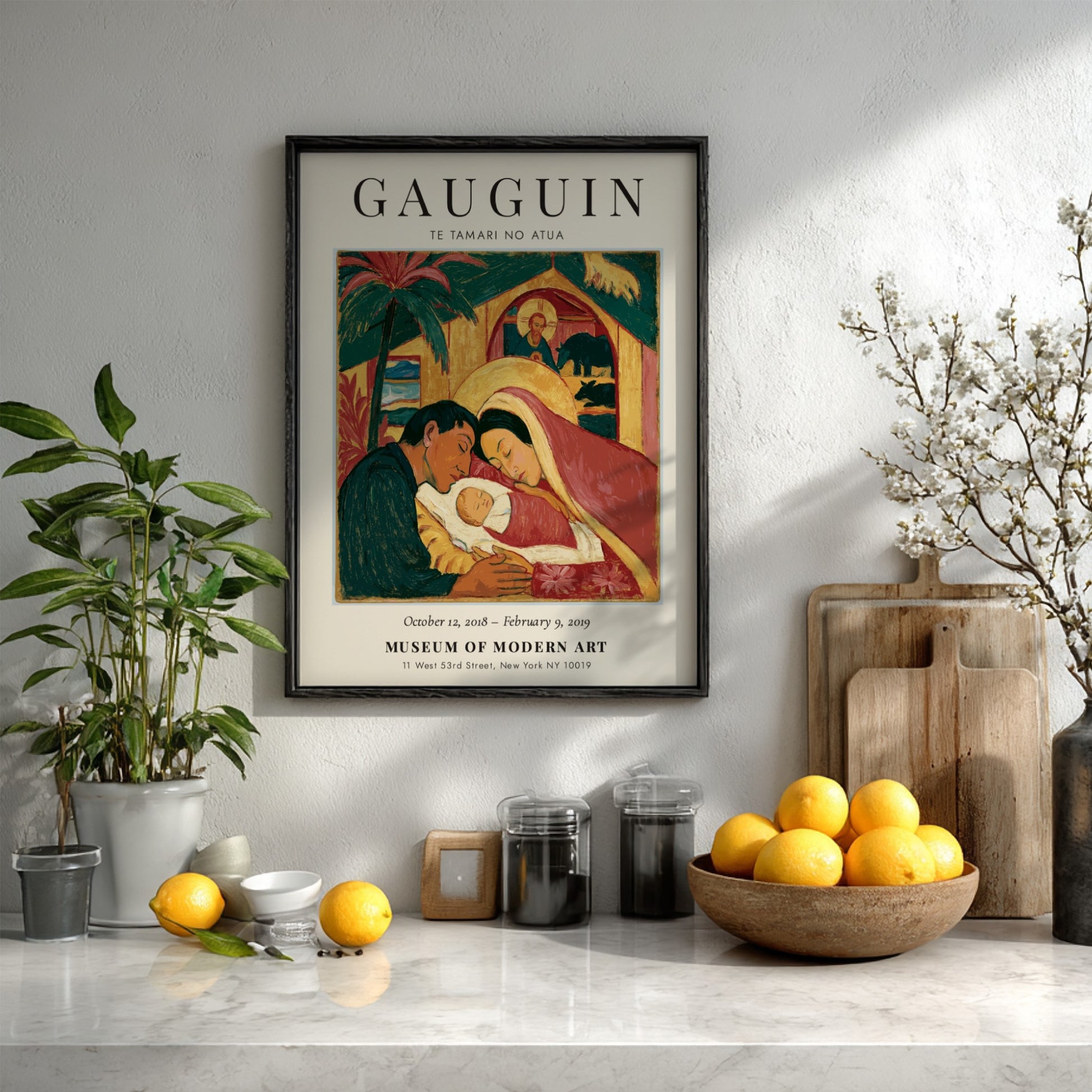 Gauguin exhibition poster featuring Te Tamari No Atua with warm colors and expressive figures