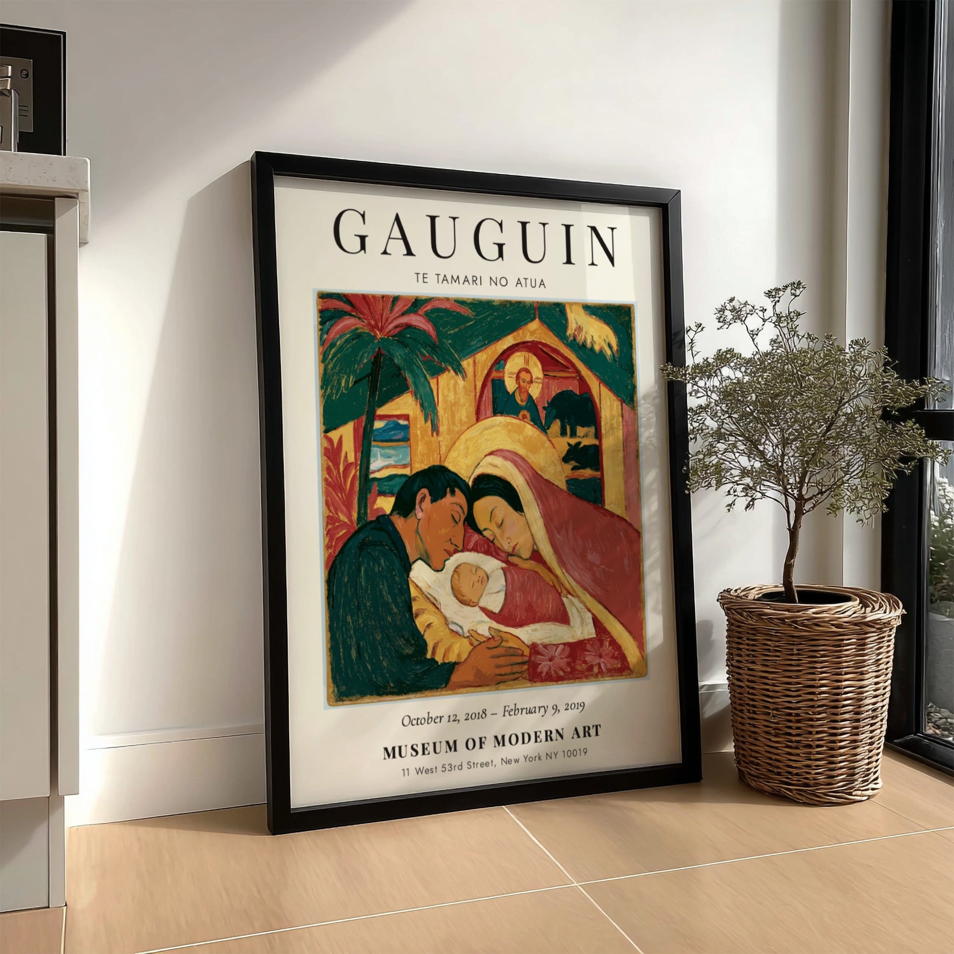 Gauguin exhibition poster featuring Te Tamari No Atua with warm colors and expressive figures