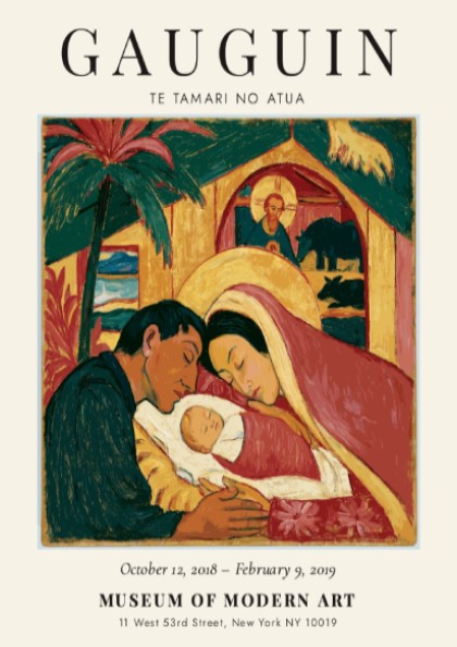 Gauguin exhibition poster featuring Te Tamari No Atua with warm colors and expressive figures