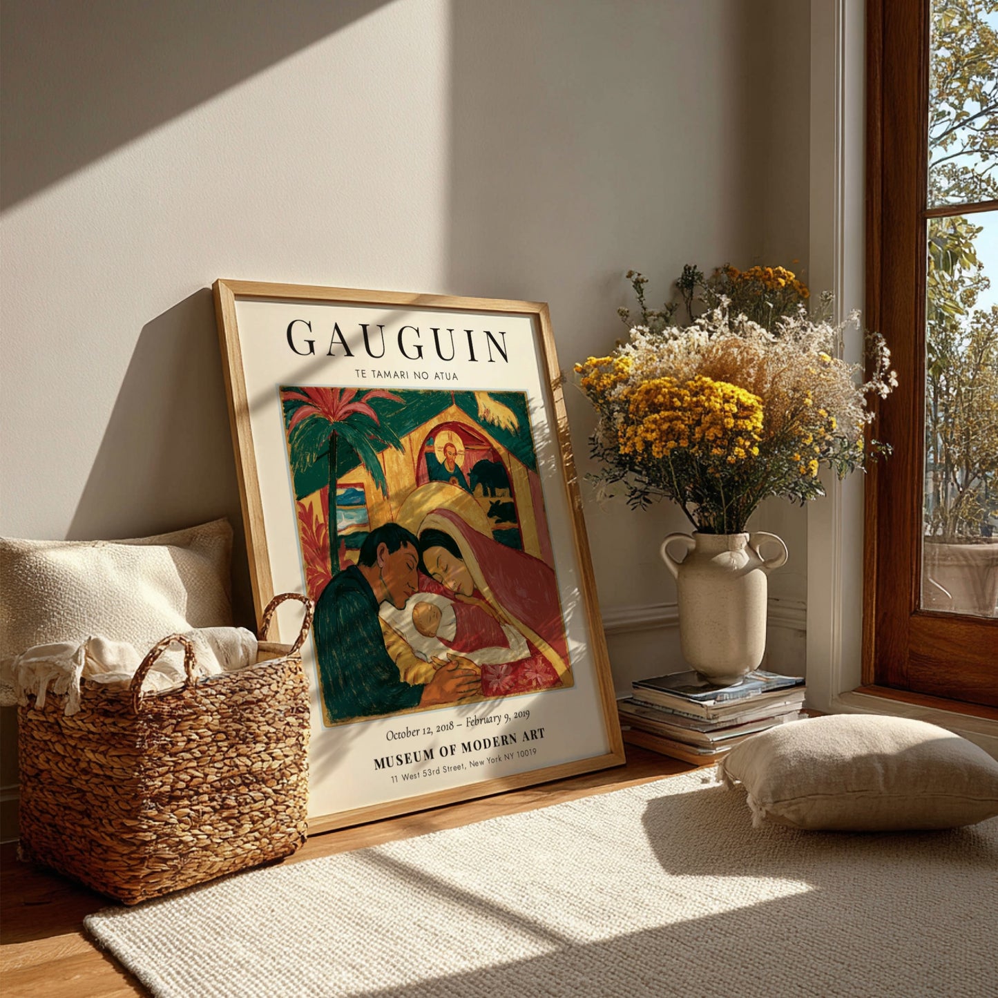 Gauguin exhibition poster featuring Te Tamari No Atua with warm colors and expressive figures
