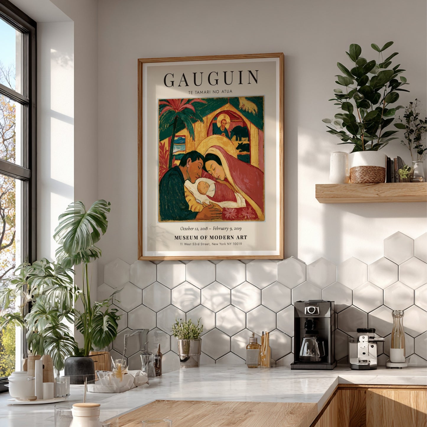 Gauguin exhibition poster featuring Te Tamari No Atua with warm colors and expressive figures