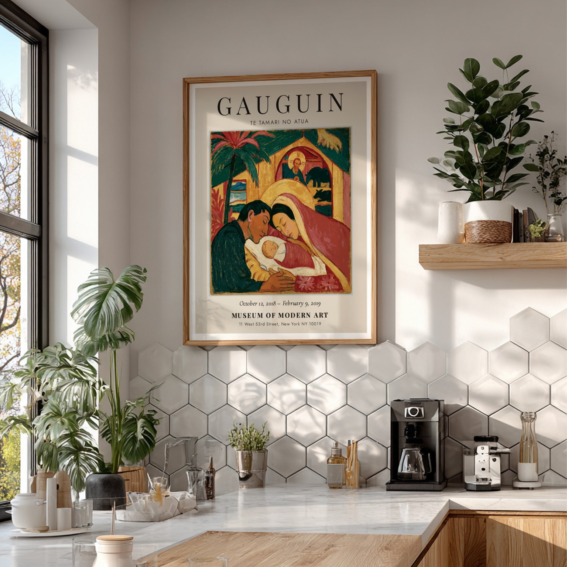 Gauguin exhibition poster featuring Te Tamari No Atua with warm colors and expressive figures