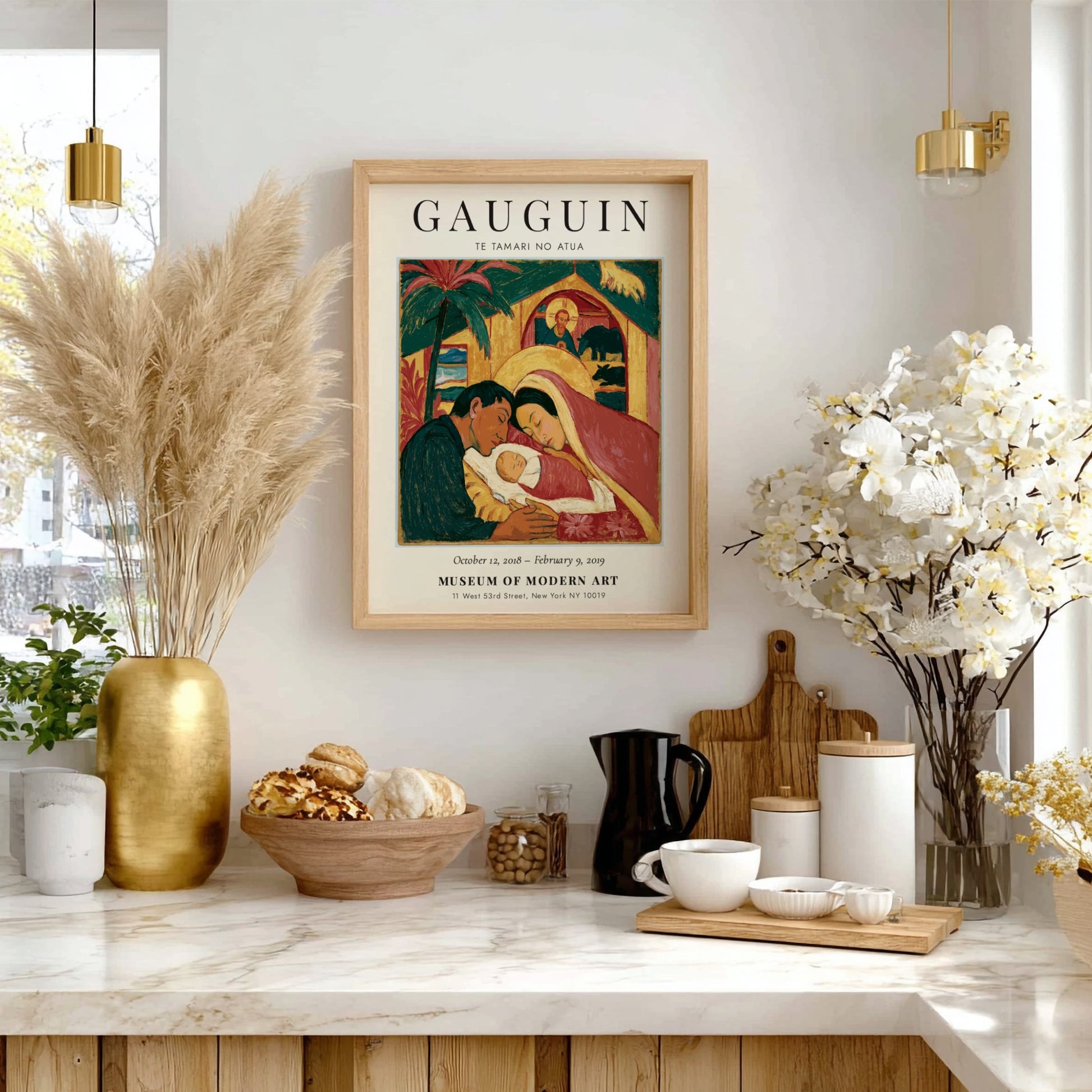 Gauguin exhibition poster featuring Te Tamari No Atua with warm colors and expressive figures