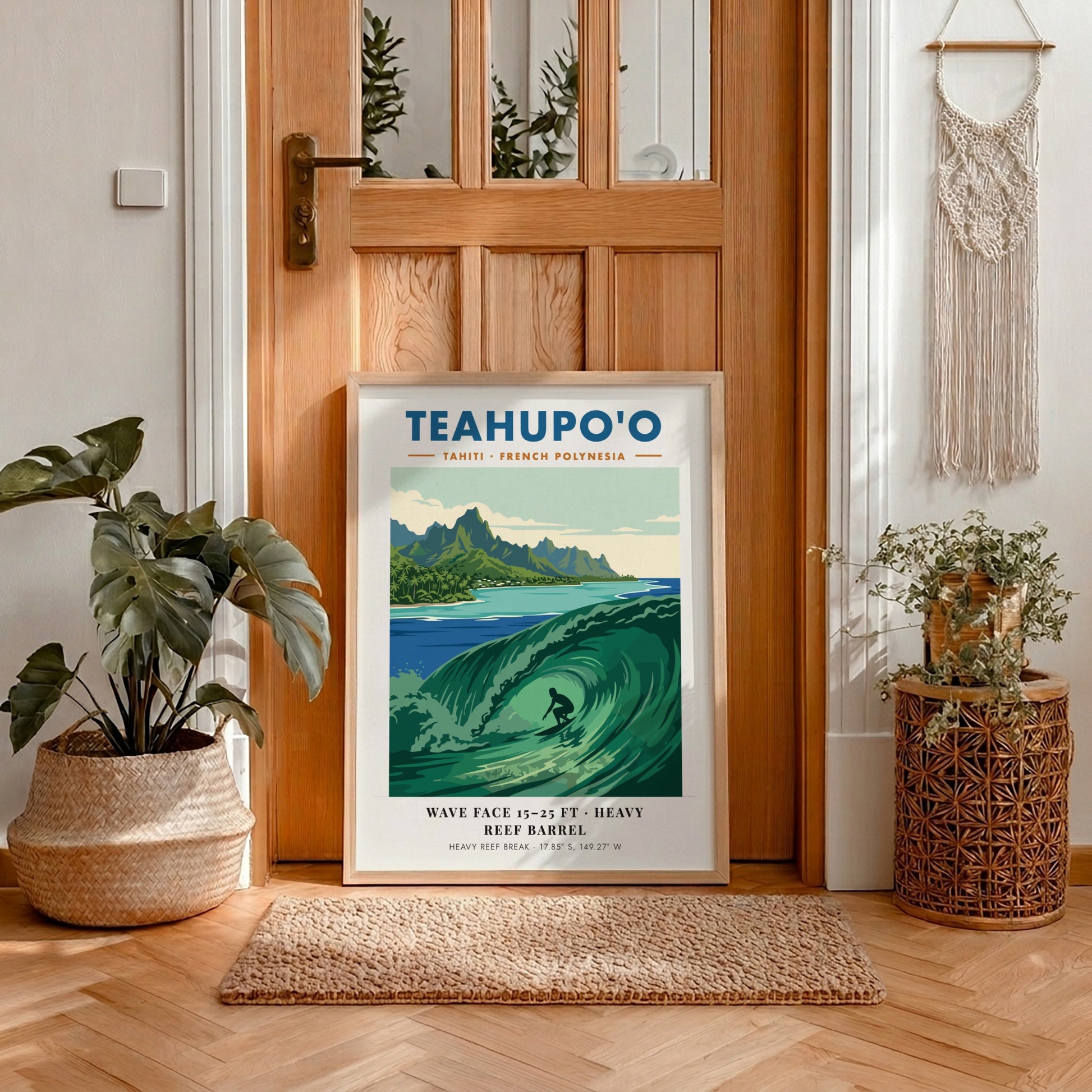 Teahupo'o surf poster featuring a deep green barrel wave and lush mountains in Tahiti.