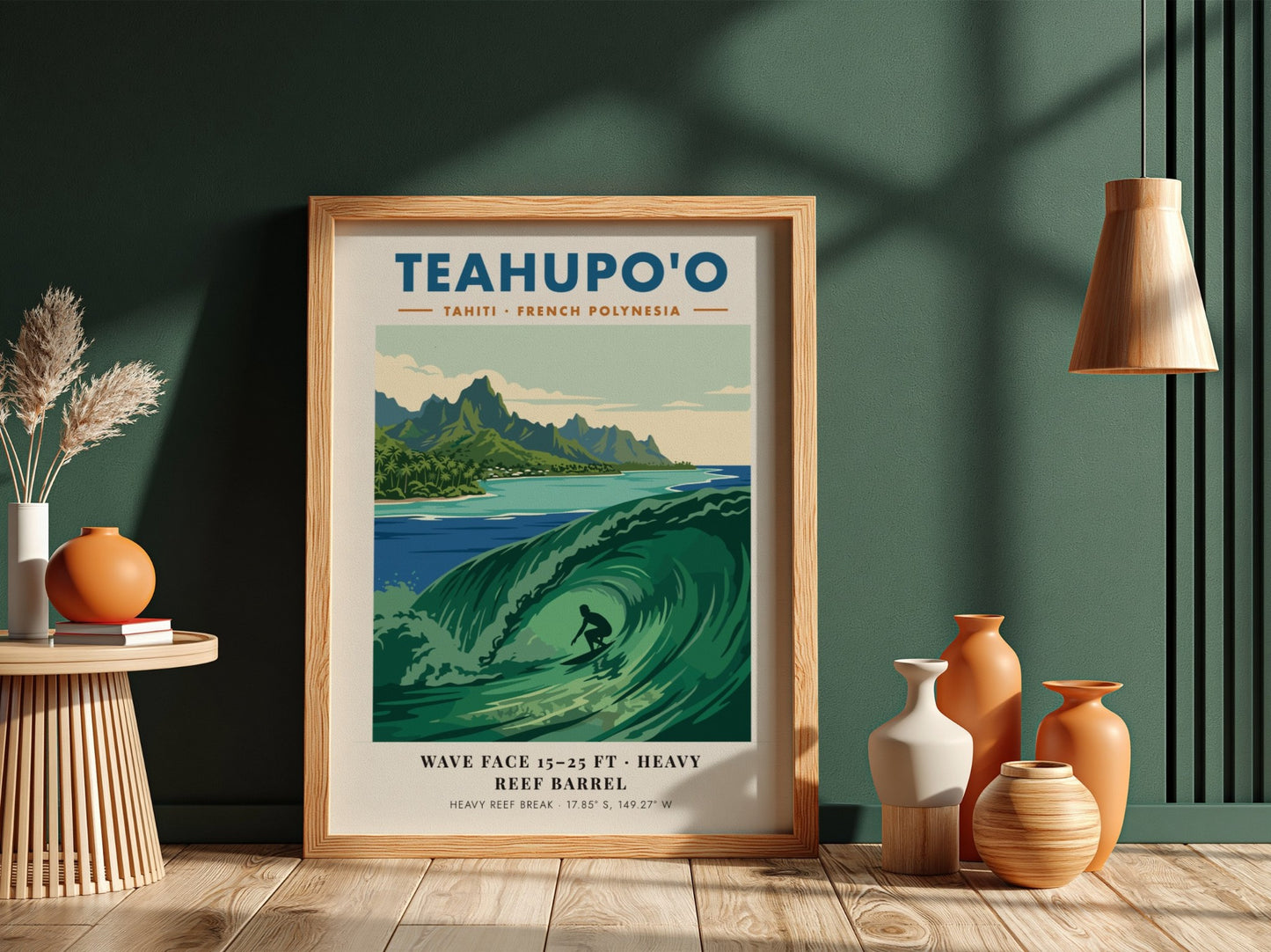Teahupo'o surf poster featuring a deep green barrel wave and lush mountains in Tahiti.