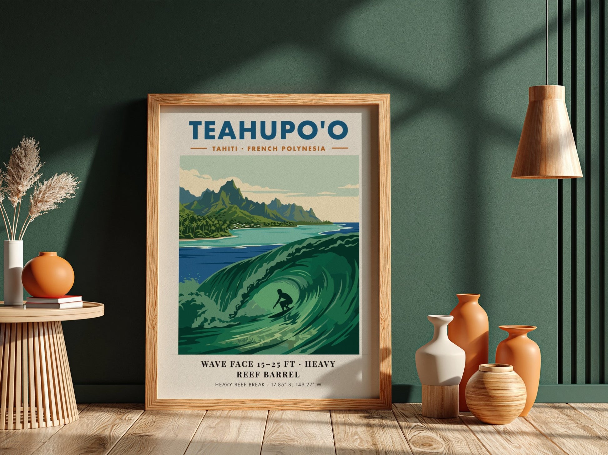 Teahupo'o surf poster featuring a deep green barrel wave and lush mountains in Tahiti.