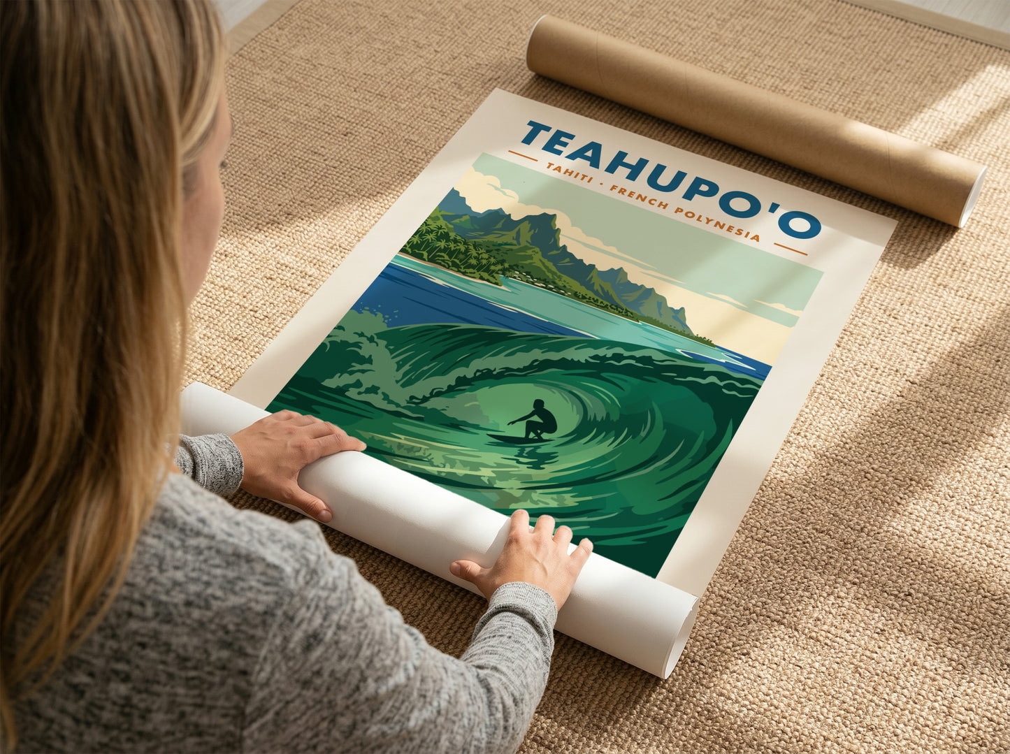 Teahupo'o surf poster featuring a deep green barrel wave and lush mountains in Tahiti.