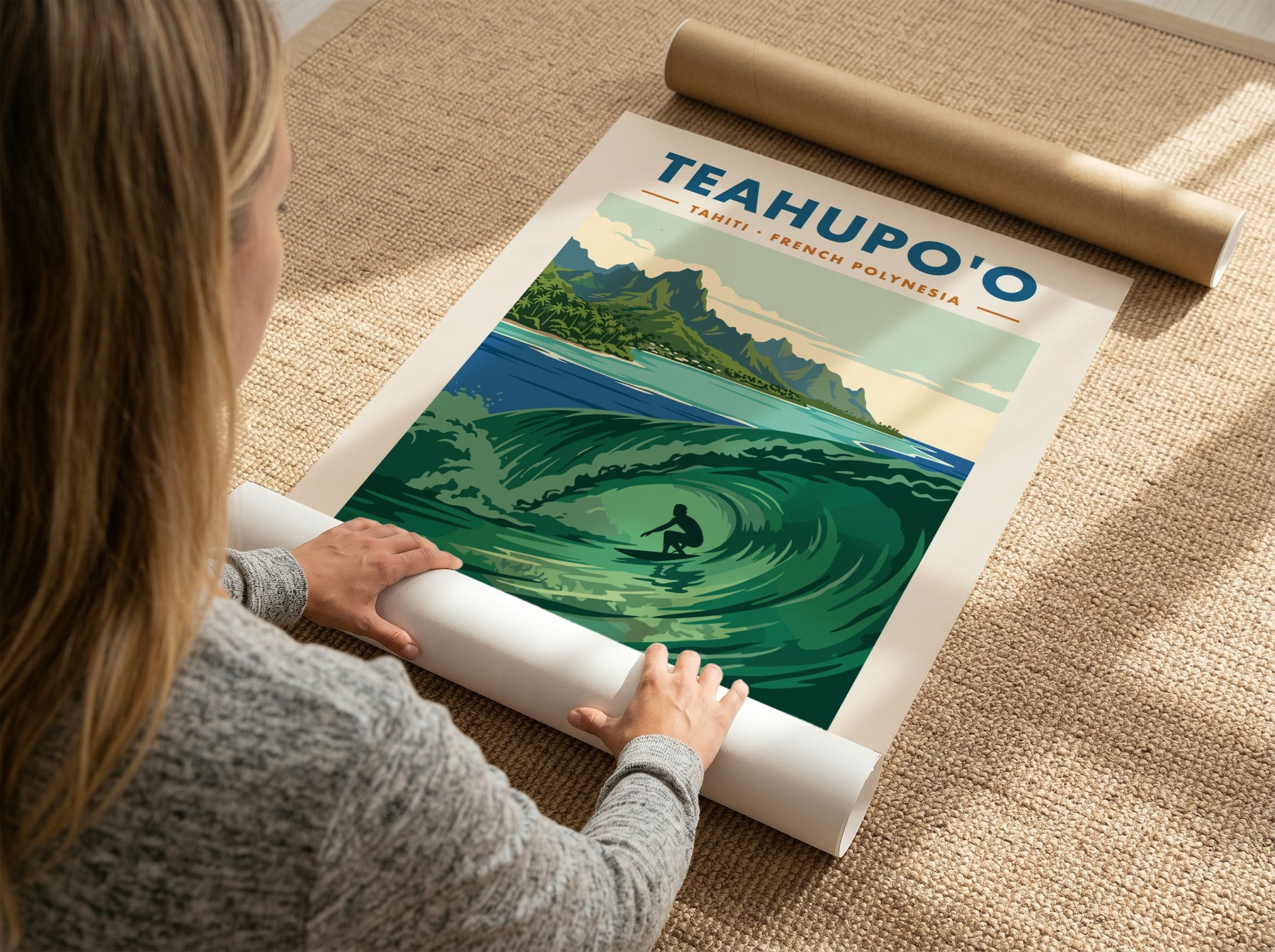 Teahupo'o surf poster featuring a deep green barrel wave and lush mountains in Tahiti.