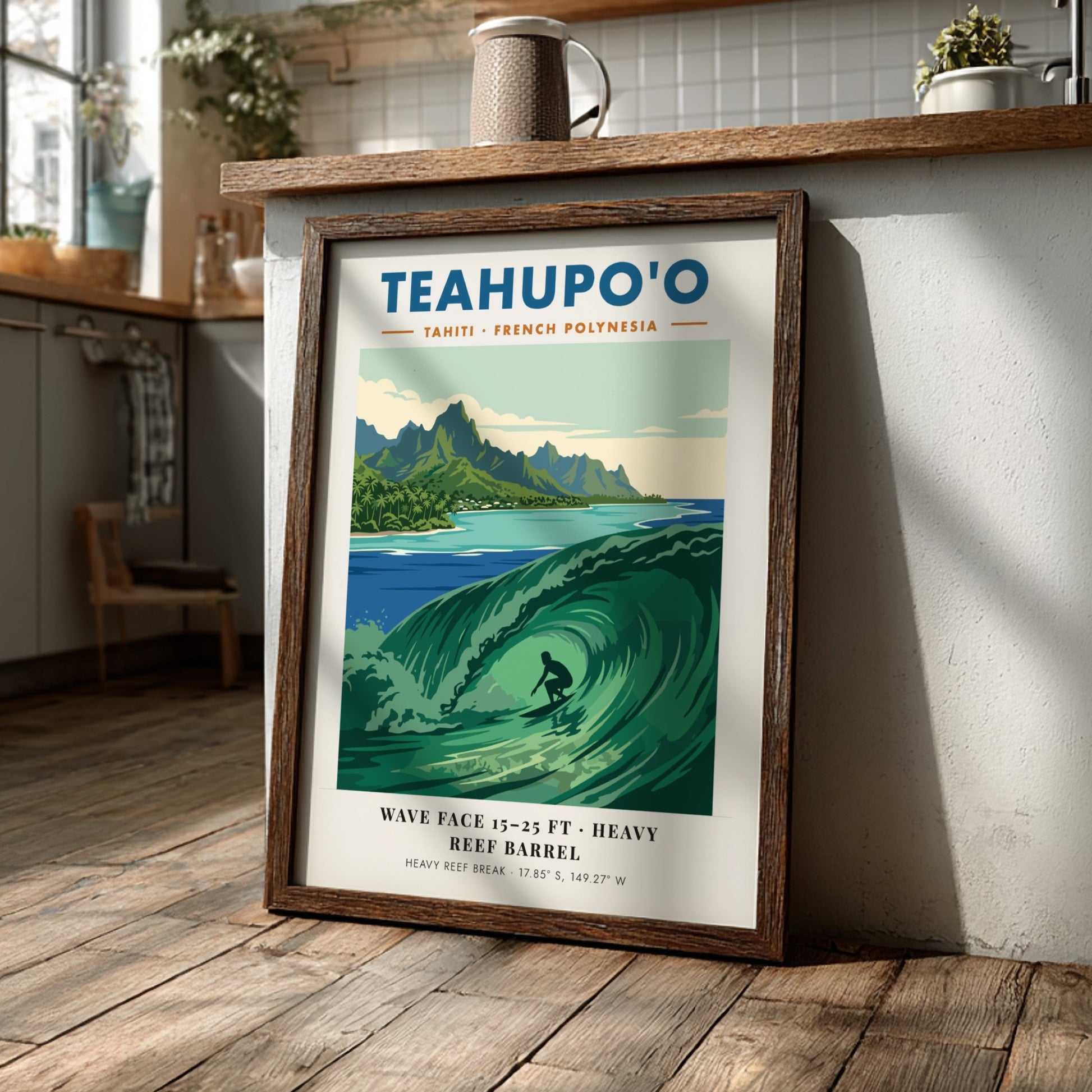 Teahupo'o surf poster featuring a deep green barrel wave and lush mountains in Tahiti.