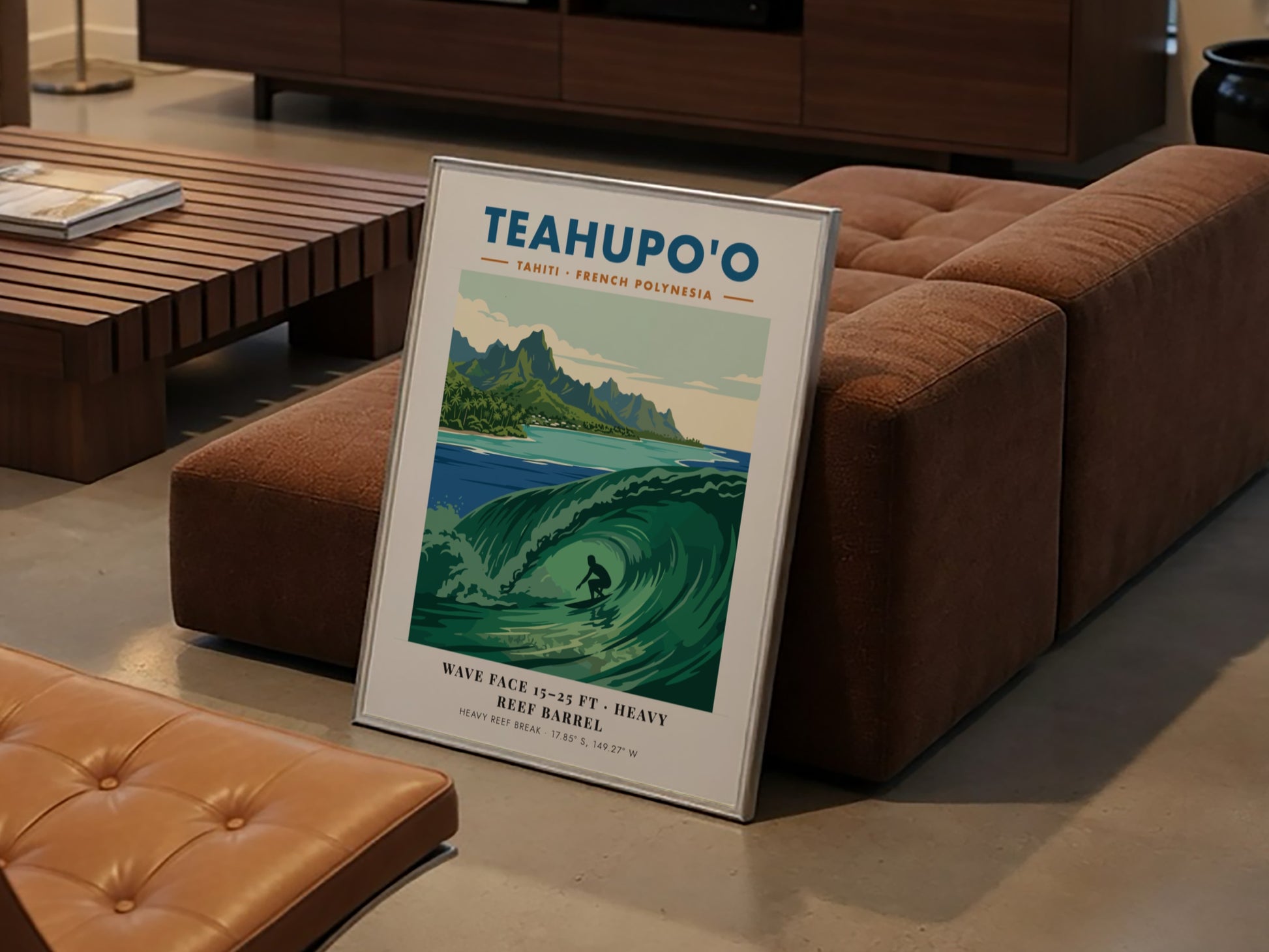 Teahupo'o surf poster featuring a deep green barrel wave and lush mountains in Tahiti.