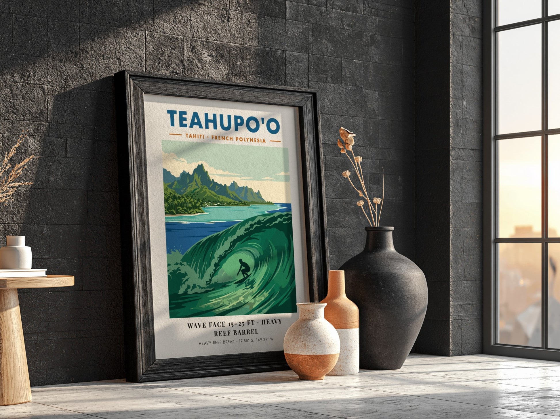 Teahupo'o surf poster featuring a deep green barrel wave and lush mountains in Tahiti.