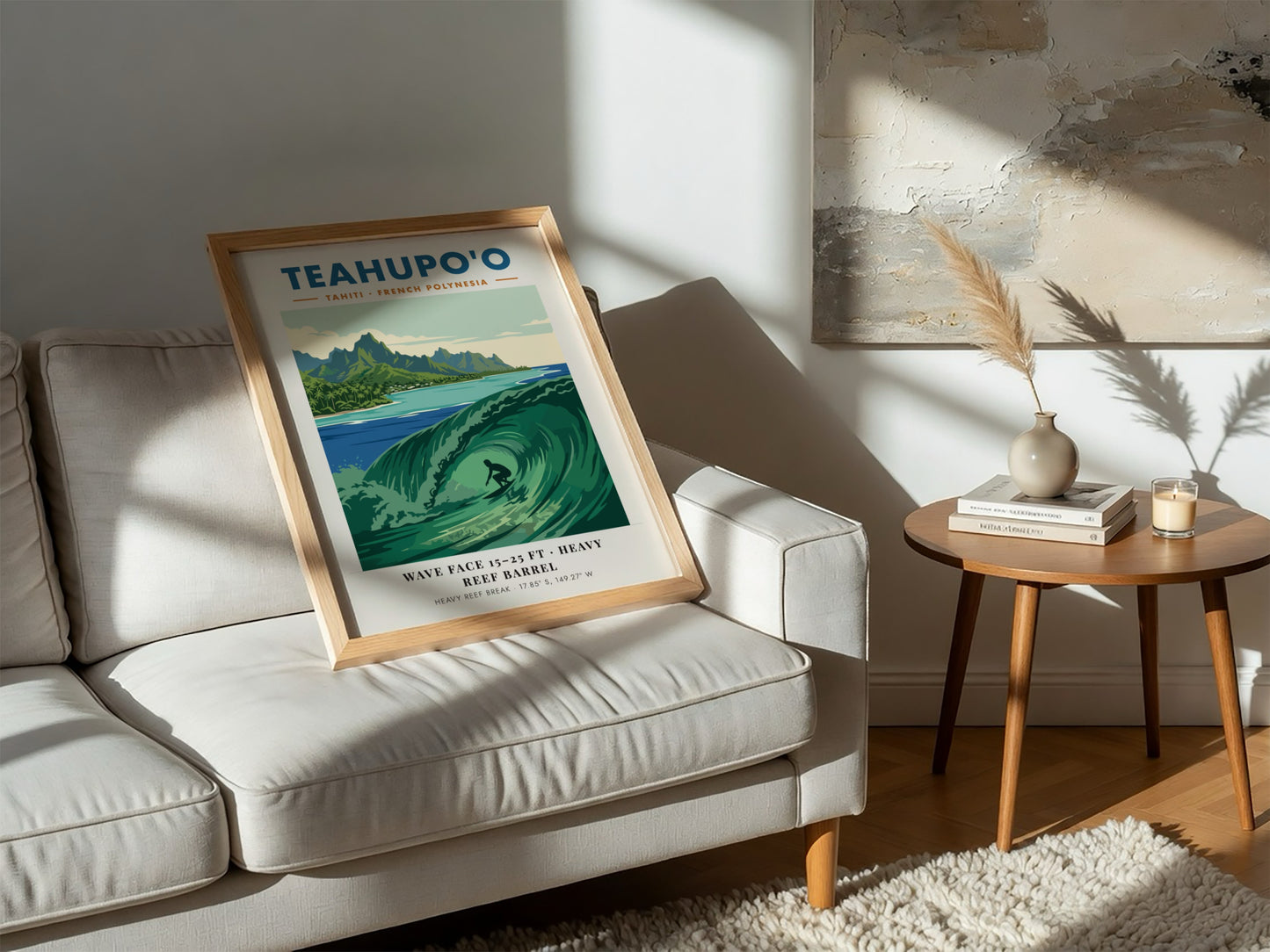 Teahupo'o surf poster featuring a deep green barrel wave and lush mountains in Tahiti.
