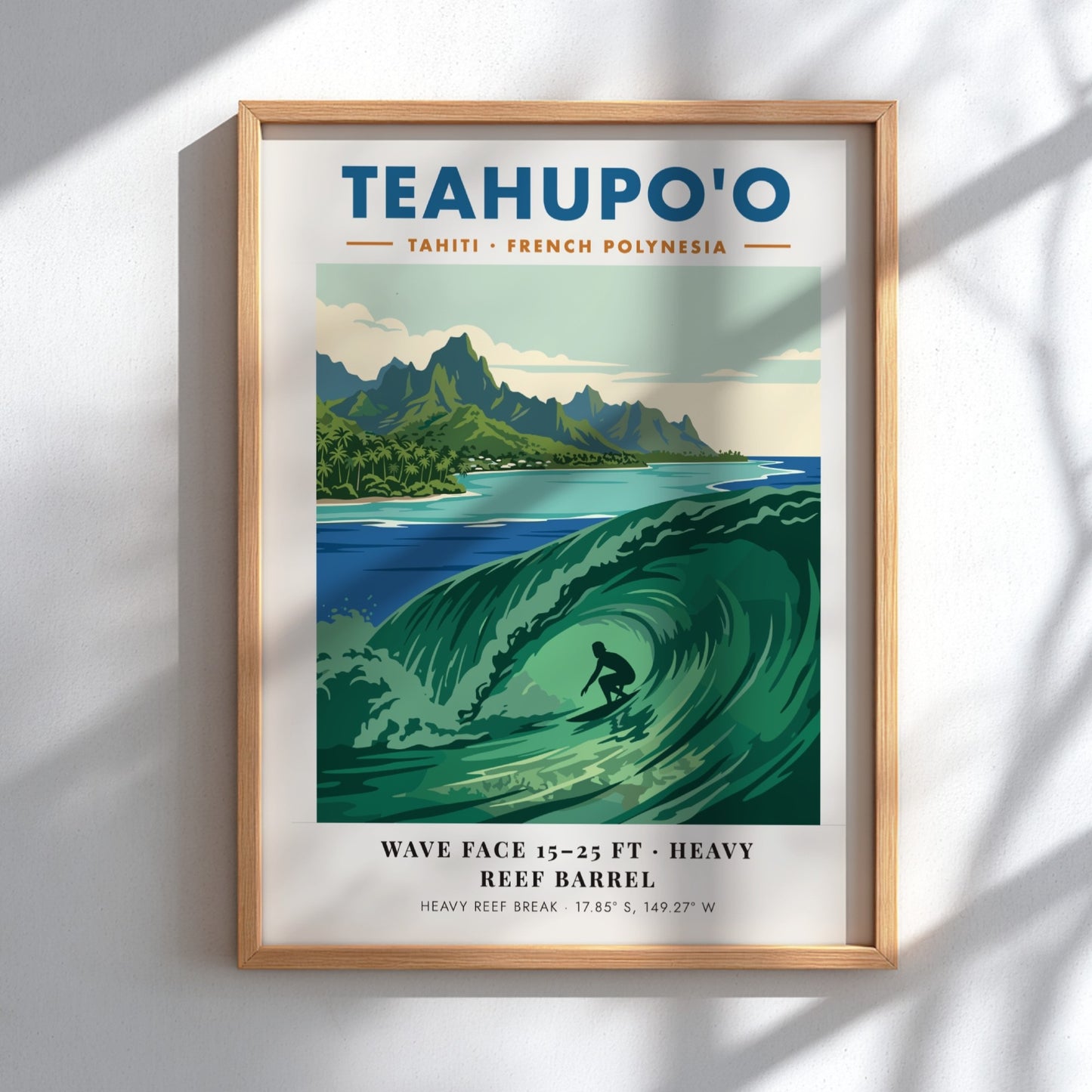 Teahupo'o surf poster featuring a deep green barrel wave and lush mountains in Tahiti.