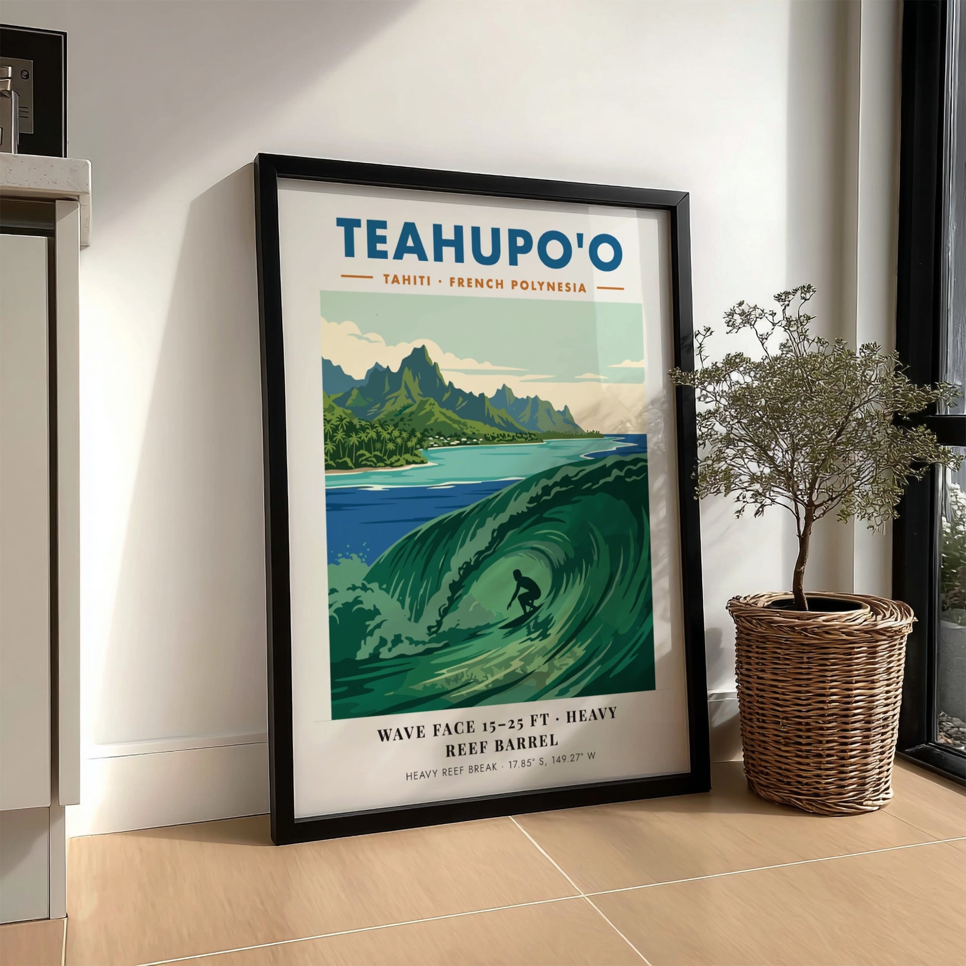 Teahupo'o surf poster featuring a deep green barrel wave and lush mountains in Tahiti.