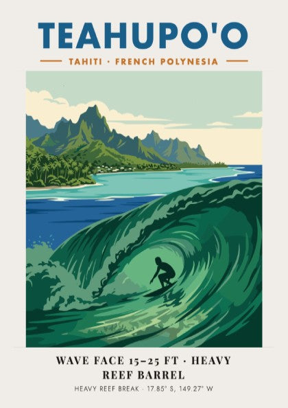 Teahupo'o surf poster featuring a deep green barrel wave and lush mountains in Tahiti.