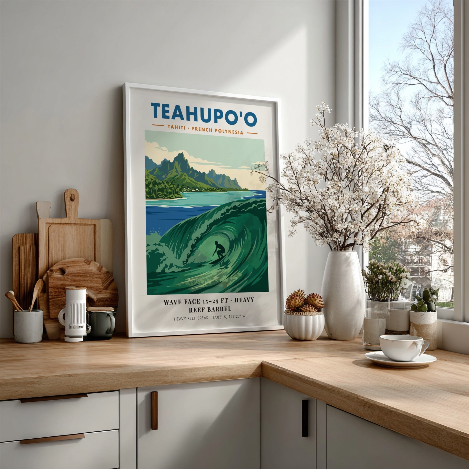 Teahupo'o surf poster featuring a deep green barrel wave and lush mountains in Tahiti.