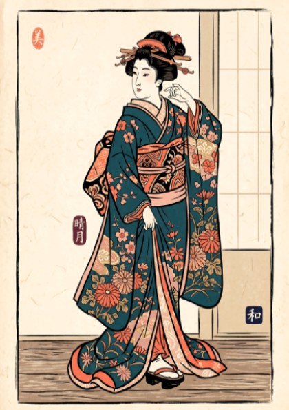 Teal floral kimono poster featuring traditional Japanese art style with vibrant colors and intricate patterns