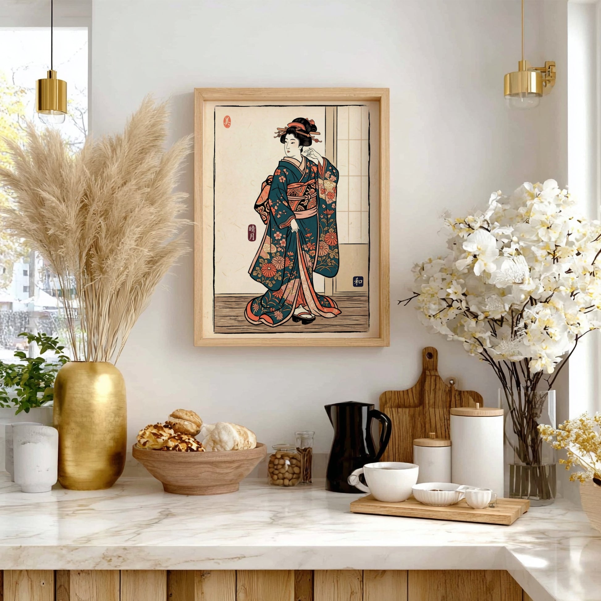 Teal floral kimono poster featuring traditional Japanese art style with vibrant colors and intricate patterns