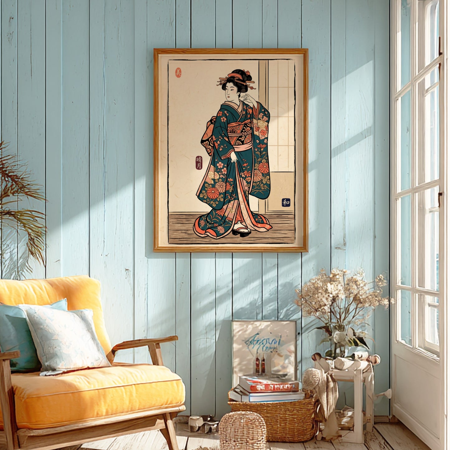 Teal floral kimono poster featuring traditional Japanese art style with vibrant colors and intricate patterns
