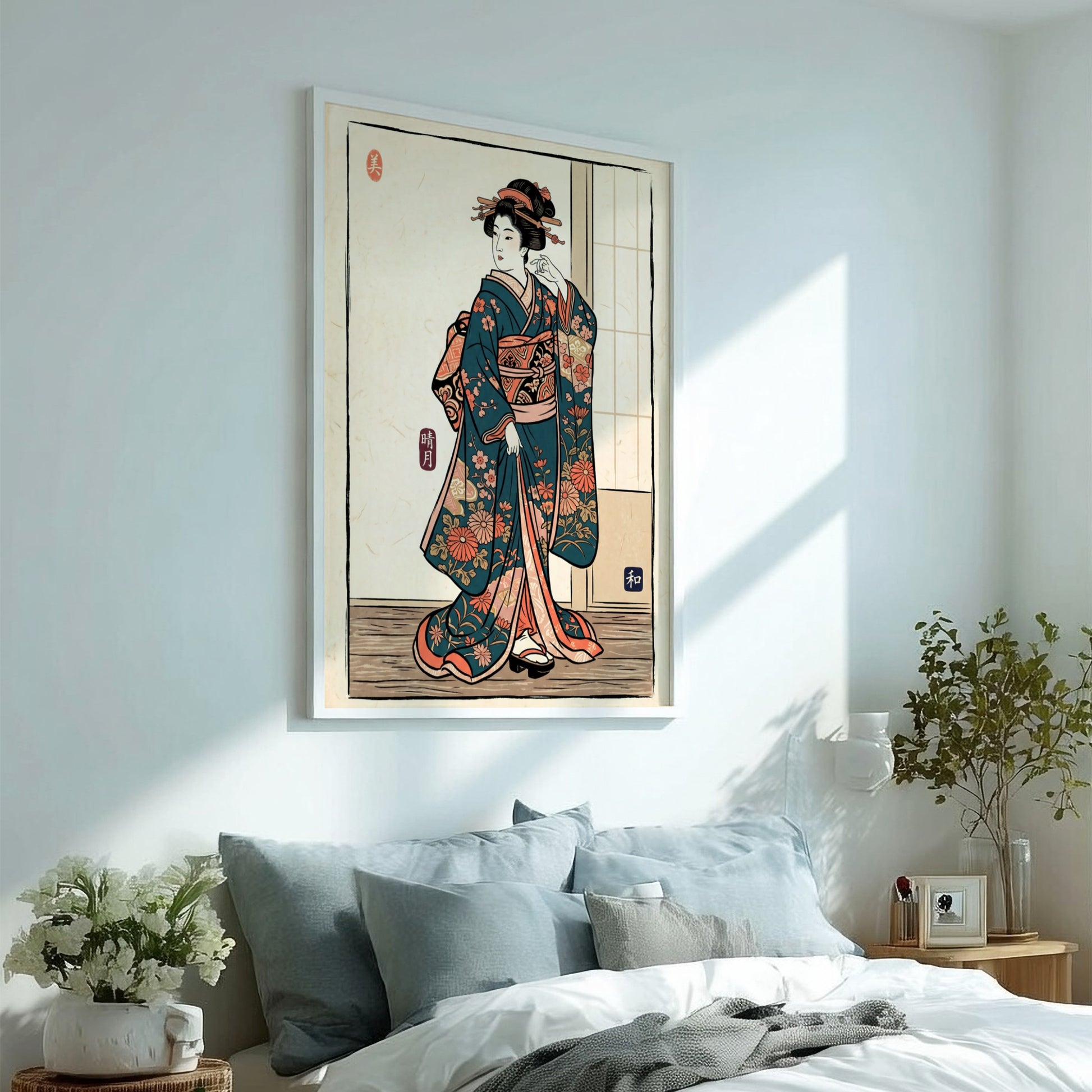 Teal floral kimono poster featuring traditional Japanese art style with vibrant colors and intricate patterns