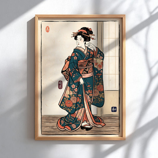 Teal floral kimono poster featuring traditional Japanese art style with vibrant colors and intricate patterns