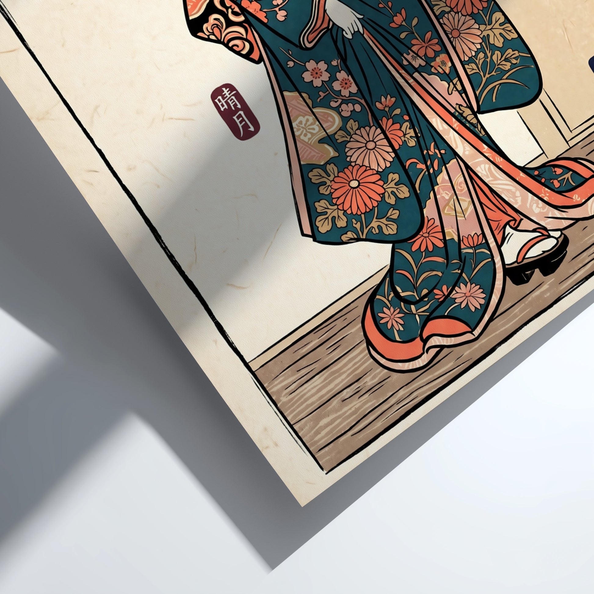 Teal floral kimono poster featuring traditional Japanese art style with vibrant colors and intricate patterns