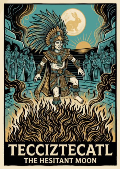 Poster featuring Tecciztecatl standing in fire beneath a moon with a rabbit silhouette.