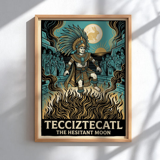 Poster featuring Tecciztecatl standing in fire beneath a moon with a rabbit silhouette.