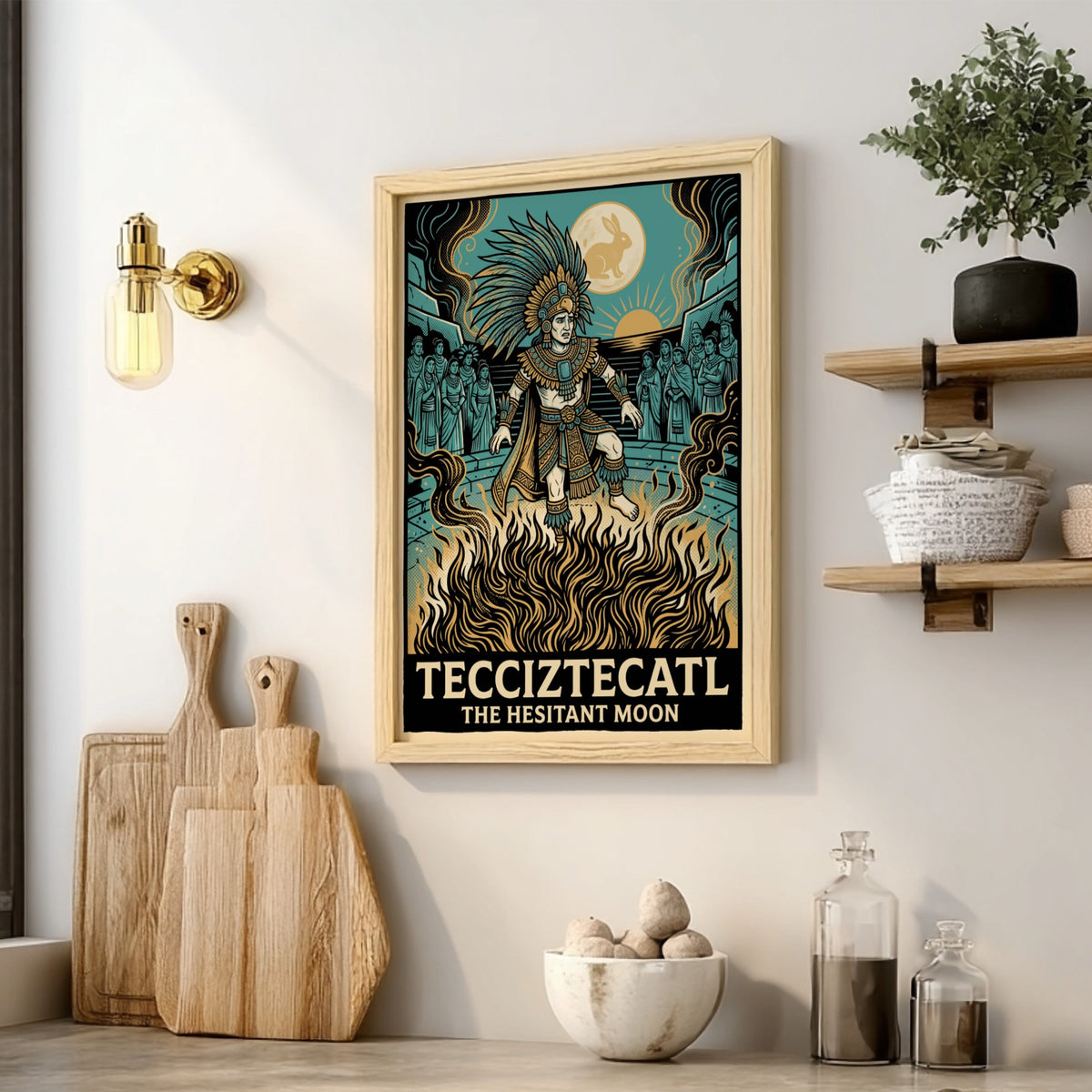 Poster featuring Tecciztecatl standing in fire beneath a moon with a rabbit silhouette.