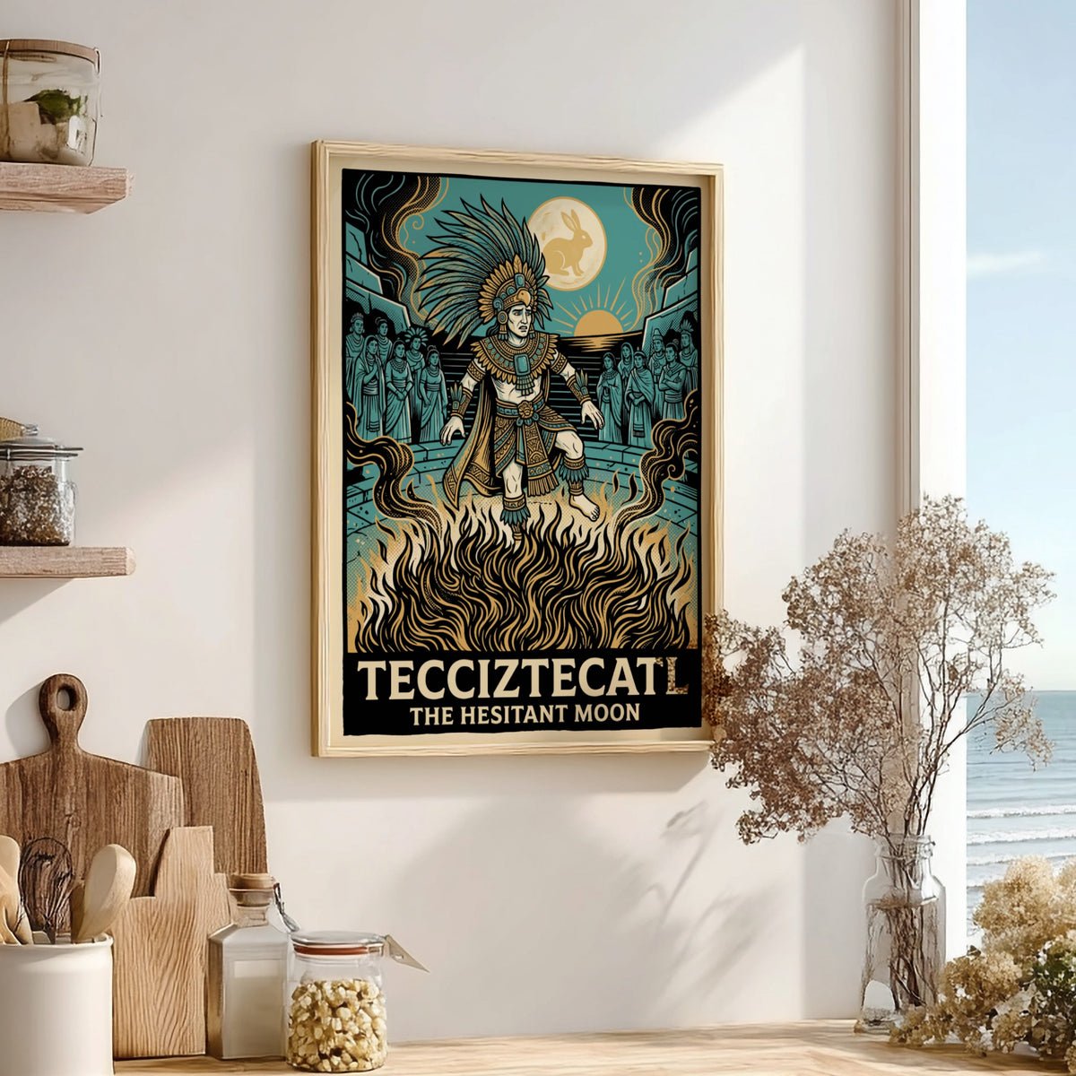 Poster featuring Tecciztecatl standing in fire beneath a moon with a rabbit silhouette.