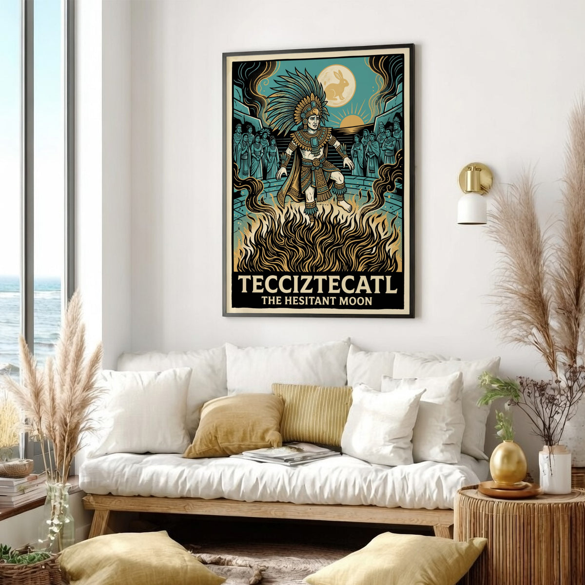 Poster featuring Tecciztecatl standing in fire beneath a moon with a rabbit silhouette.