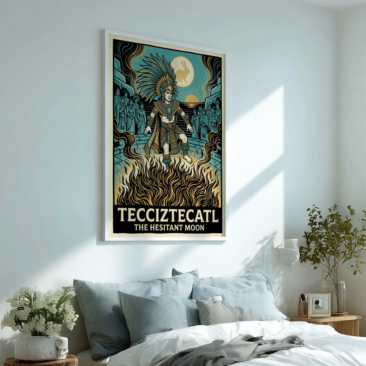 Poster featuring Tecciztecatl standing in fire beneath a moon with a rabbit silhouette.