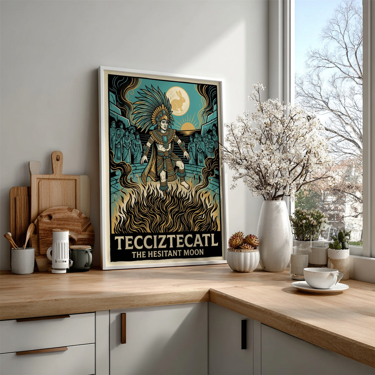 Poster featuring Tecciztecatl standing in fire beneath a moon with a rabbit silhouette.