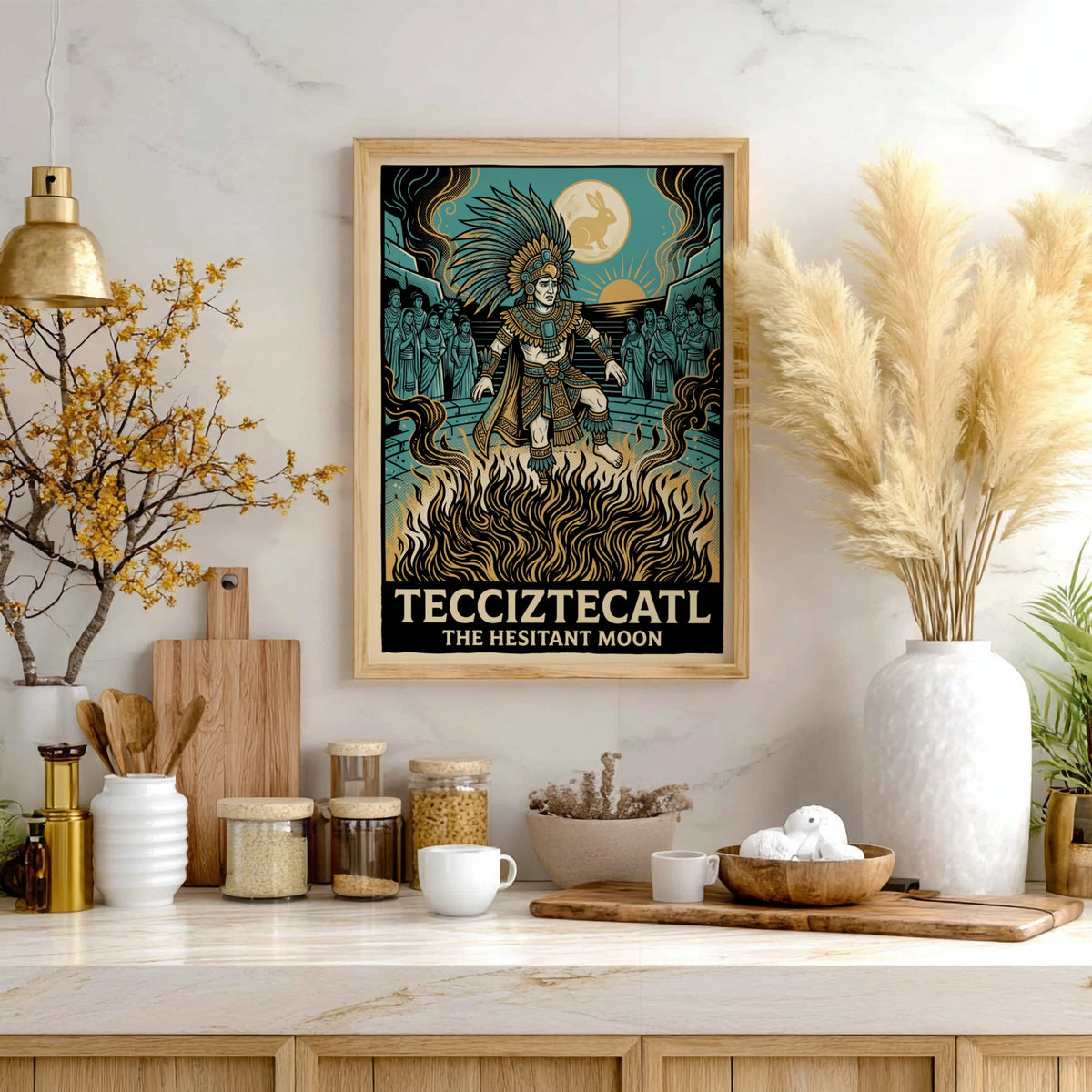 Poster featuring Tecciztecatl standing in fire beneath a moon with a rabbit silhouette.