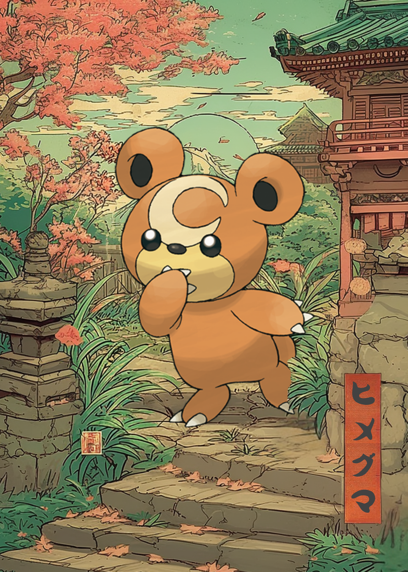 Teddiursa Pokemon character in a Japanese-style garden with cherry blossoms and a traditional building.