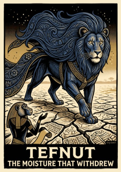 Poster featuring a blue lioness goddess named Tefnut standing over parched desert earth.