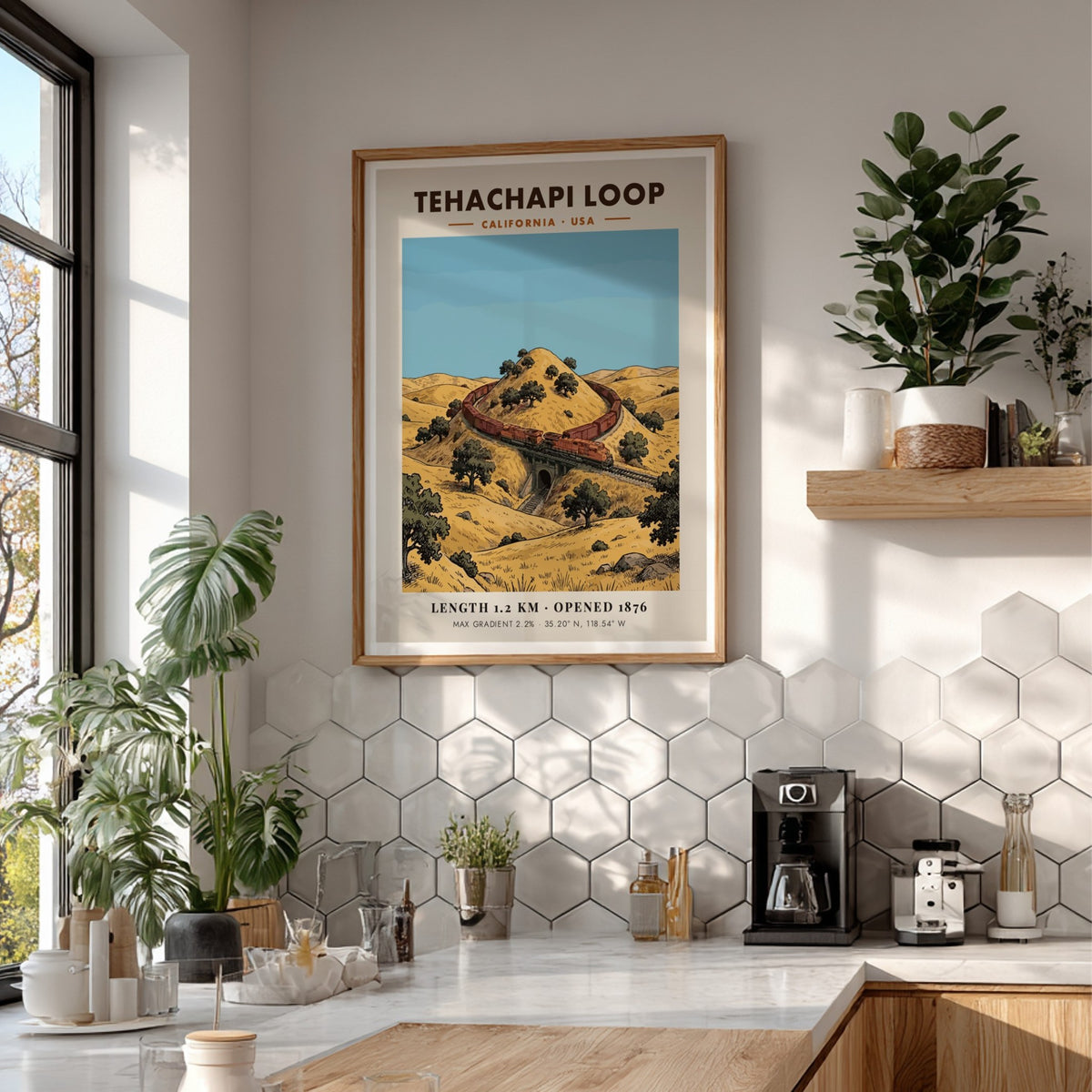 Poster of the Tehachapi Loop in California featuring a red train on tracks.