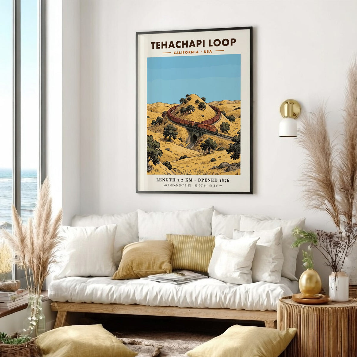 Poster of the Tehachapi Loop in California featuring a red train on tracks.