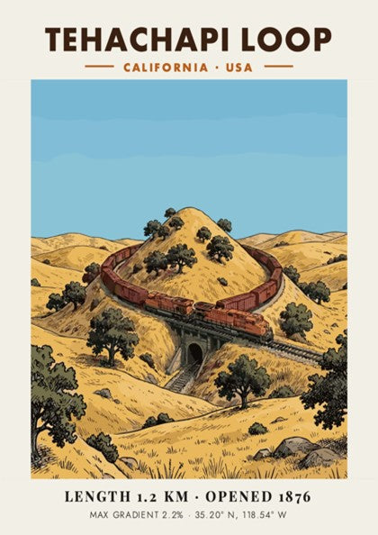 Poster of the Tehachapi Loop in California featuring a red train on tracks.