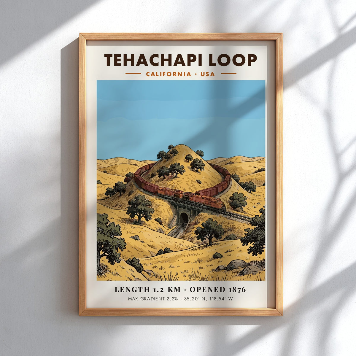 Poster of the Tehachapi Loop in California featuring a red train on tracks.
