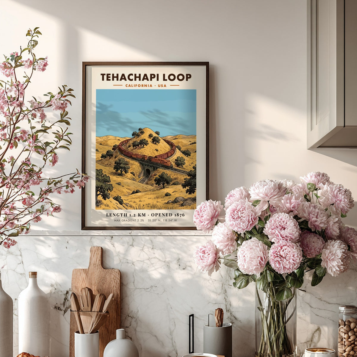 Poster of the Tehachapi Loop in California featuring a red train on tracks.